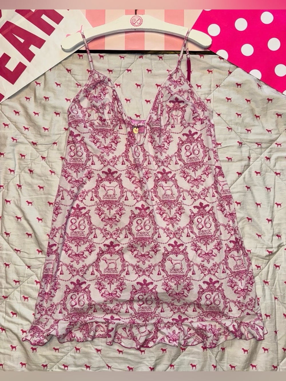 VS PINK VINTAGE Y2K BABYDOLL TANK DRESS COQUETTE ROCK N ROLL CREST DOG 86 RARE M
